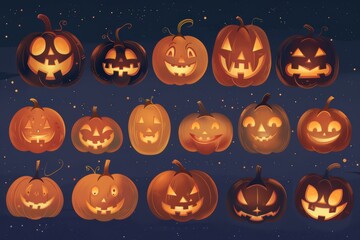 Wall Mural - A collection of Halloween pumpkins with various scary expressions