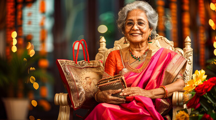 Poster - Indian woman holding shopping bags, beautiful festival look