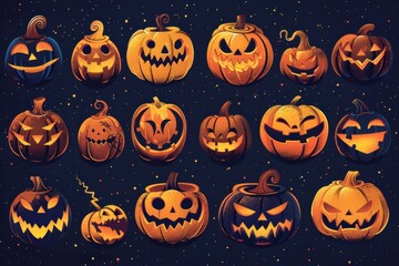 Wall Mural - A collection of Halloween pumpkins with various scary expressions