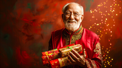 Poster - Old man holding gift boxes and crackers for festival look