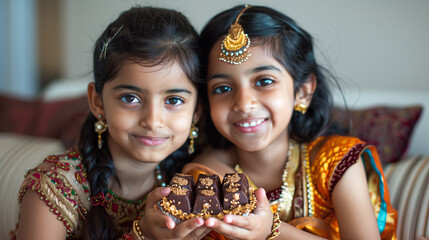 Wall Mural - Two Indian girls holding chocolates