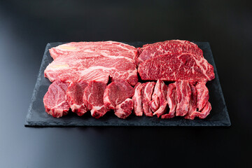 Sliced ​​beef on a black background