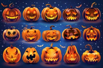 Wall Mural - A collection of Halloween pumpkins with various scary expressions