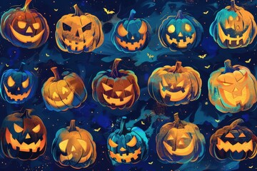 Wall Mural - A collection of Halloween pumpkins with various scary expressions