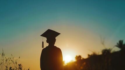 Silhouette portrait young man wearing graduation cap celebration from university