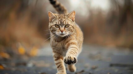 Wall Mural - A cat is running on a road with its paw raised