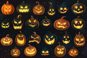 Wall Mural - A collection of Halloween pumpkins with various scary expressions