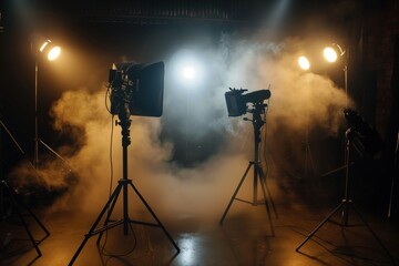 Wall Mural - LED lighting, blurred silhouette, background for film production using a spotlight, studio director's lamp