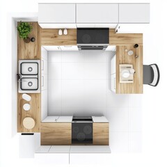 3D Render of a Scandinavian kitchen with white cabinets, wooden countertops, and simple decor, floor plan, on isolated white