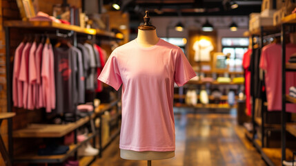 Canvas Print - Pink plain t-shirt mockup in store displayed on mannequin, clothing store background, Ai generated Images