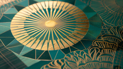 Wall Mural - Modern Indian wedding invitation with geometric patterns, teal and gold color scheme