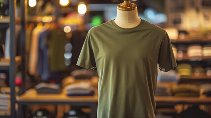 Sticker - Olive Green plain t-shirt mockup in store displayed on mannequin, clothing store background, Ai generated Images