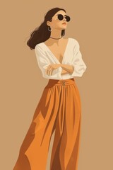 Wall Mural - Minimalism illustration, a Caucasian woman, wearing a boho blouse with a long skirt and a pair of round sunglasses, standing with her arms crossed, flat illustration on soft brown background, boho