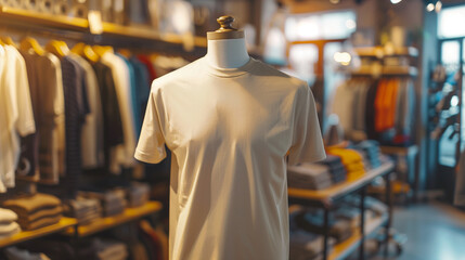 Wall Mural - Cream plain t-shirt mockup in store displayed on mannequin, clothing store background, Ai generated Images