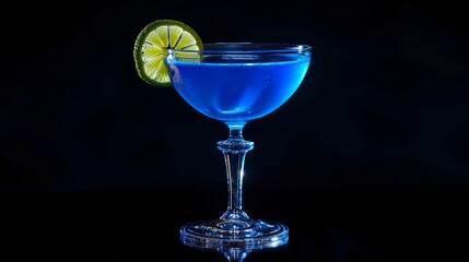 Wall Mural - A blue drink with a lime slice in it is sitting in a glass