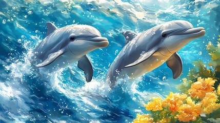 illustration of two cute dolphins jumping to the surface with a sea background