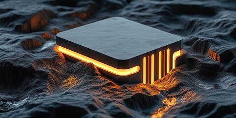 Poster - Futuristic Processor with Glowing Orange Lines on Textured Surface