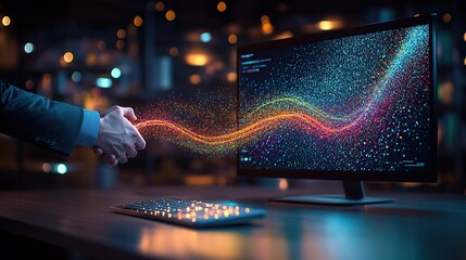 Poster - Hand Extending from Digital Screen with Colorful Data Flow