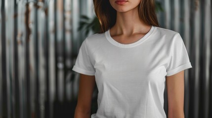 Wall Mural - A woman is wearing a white shirt and standing in front of a metal wall