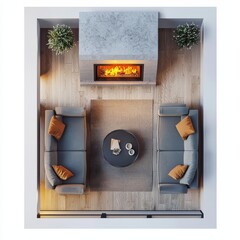 3D Render of a cozy living room with a fireplace, armchairs, and a small coffee table, floor plan, on isolated white