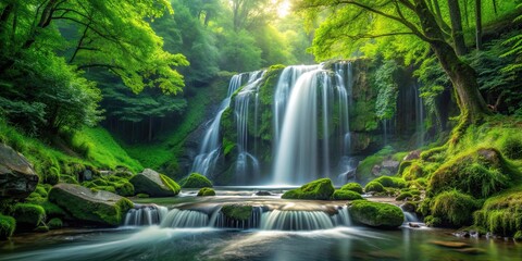 Serene waterfall flowing through lush green forest, nature, waterfall, forest, green, tranquil, peaceful, scenic, landscape