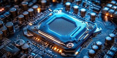 Poster - Blue-Toned CPU Socket on Circuit Board with Futuristic Aesthetics