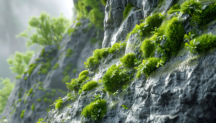 Wall Mural - Closeup of lush green moss growing on a rocky cliff face.