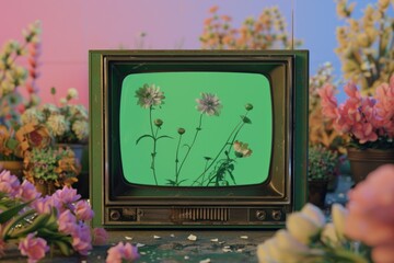 Wall Mural - A retro TV set with fresh flowers arranged in front of it