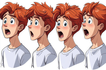 Emotional face cartoon character young office man 3/4 side view design vector illustration set. Happy, smiling, upset, surprised, sad, angry, shouting red hair person flat style concept