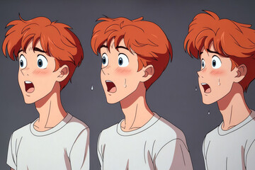 Emotional face cartoon character young office man 3/4 side view design vector illustration set. Happy, smiling, upset, surprised, sad, angry, shouting red hair person flat style concept