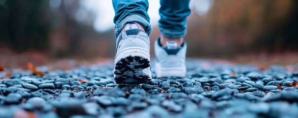 A close-up of a person's feet walking on a gravel path, showcasing modern footwear against a natural backdrop.