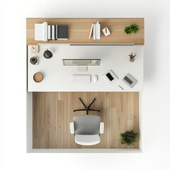 3D Render of a minimalist study room with a white desk, simple chair, and floating shelves, floor plan, on isolated white background