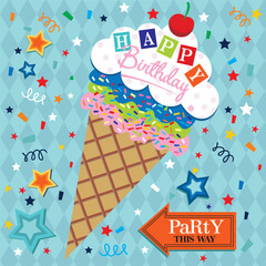 Wall Mural - Happy birthday card design with cake, cherry and confetti