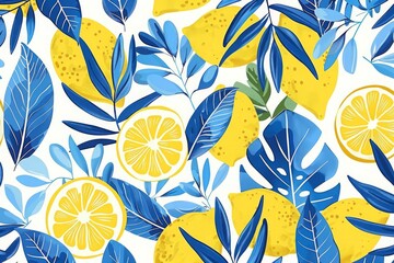 Wall Mural - vibrant_lemon_and_blue_foliage_pattern