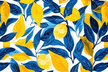Wall Mural - vibrant_lemon_and_blue_foliage_pattern