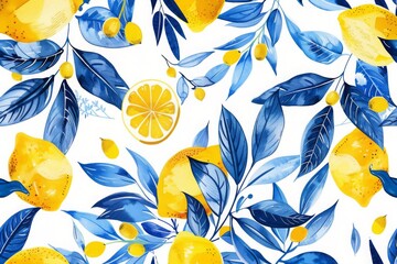 Wall Mural - vibrant_lemon_and_blue_foliage_pattern