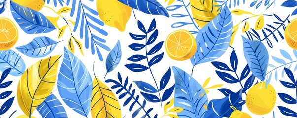 Wall Mural - vibrant_lemon_and_blue_foliage_pattern