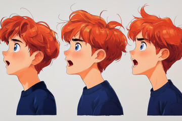 Emotional face cartoon character young office man 3/4 side view design vector illustration set. Happy, smiling, upset, surprised, sad, angry, shouting red hair person flat style concept