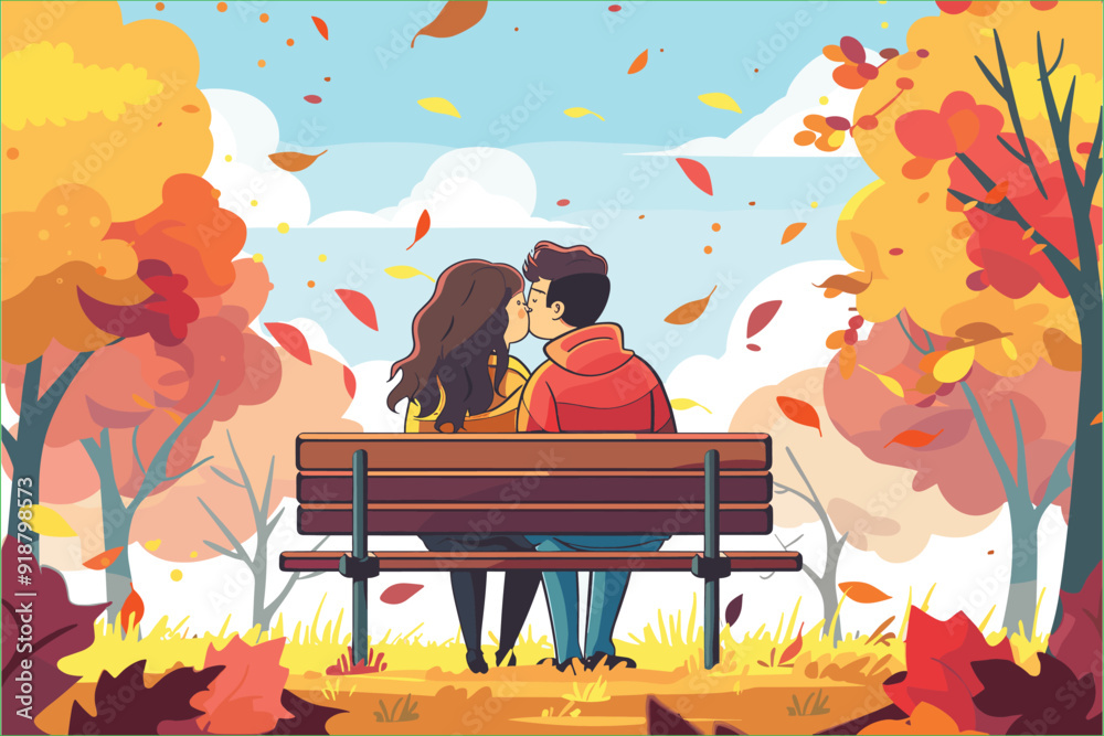 Couple sweet kissing siting on bench in park romantic scenery cartoon ...