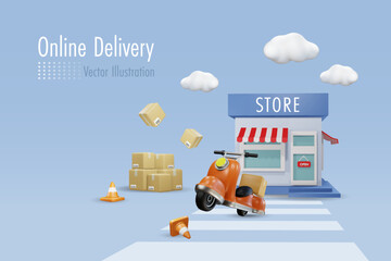 Wall Mural - Online delivery service for online shopping. Scooter with shipment box at shopping store. E commerce, online store service technology. 3D vector.