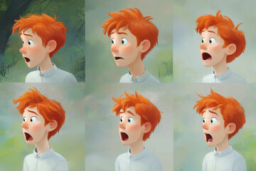 Emotional face cartoon character young office man 3/4 side view design vector illustration set. Happy, smiling, upset, surprised, sad, angry, shouting red hair person flat style concept