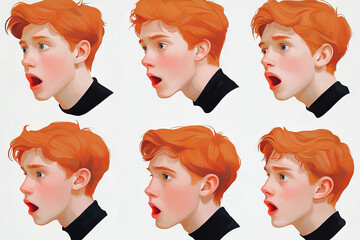 Emotional face cartoon character young office man 3/4 side view design vector illustration set. Happy, smiling, upset, surprised, sad, angry, shouting red hair person flat style concept