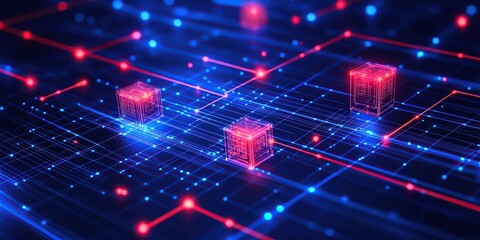 Poster - Surreal Composition of Digital Cubes with Luminous Edges and Futuristic Network