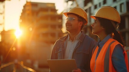 Poster - Caucasian Male Architect And Hispanic Female Urban Planner Walking On Construction Site With Laptop Computer And Talking About New Real Estate Project Construction Equipment Working Go : Generative AI