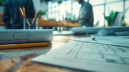 Poster - Brainstorming group of architects and engineers discuss building blueprint design paperwork and drawing construction project planning on wooden table in office Construction project bud : Generative AI