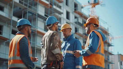 Aufkleber - Team of construction contractor talking  discussing about the building plan together at construction site Diverse ethnicity construction workers working together at construction site : Generative AI