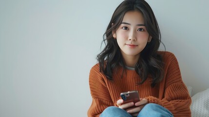 Aufkleber - Young beautiful Asian woman in casual clothes sitting on the floor and using her smartphone isolated white background chatting video call social media : Generative AI