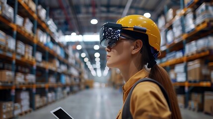 Poster - Industry 40 Modern Warehouse Female Engineer in Empty Warehouse Uses Digital Tablet Computer with Augmented Reality Software for Future Factory or Warehouse Layout Concept Shot of Augm : Generative AI
