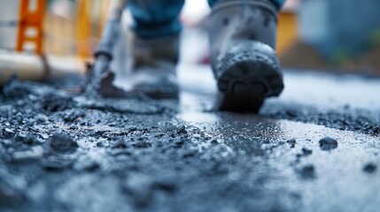 Poster - Man working on smoothing concrete driveway for the new home build at construction site Architecture and exterior structure base progress safety foundation pavement ground Real estate i : Generative AI
