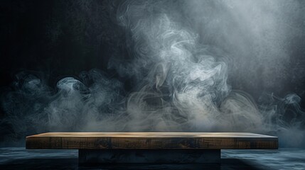 Aufkleber - On a black background an empty wooden table with smoke floats up Empty space for displaying your products with a smoke float up on a dark background Space available for displaying your : Generative AI